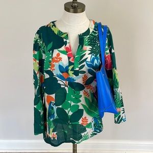 Boden Green Flutter Sleeve Blouse with Mandarin Collar